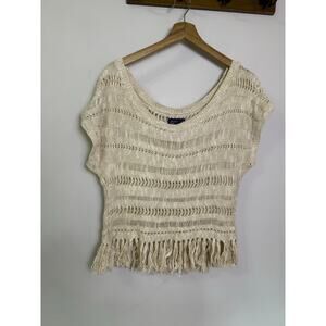 American Eagle Fringe Crochet Knit Sweater Tank Cream Ivory M Boho Festival Top